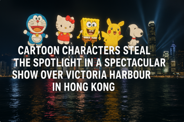 Cartoon characters steal the spotlight in a spectacular show over Victoria Harbour in Hong Kong